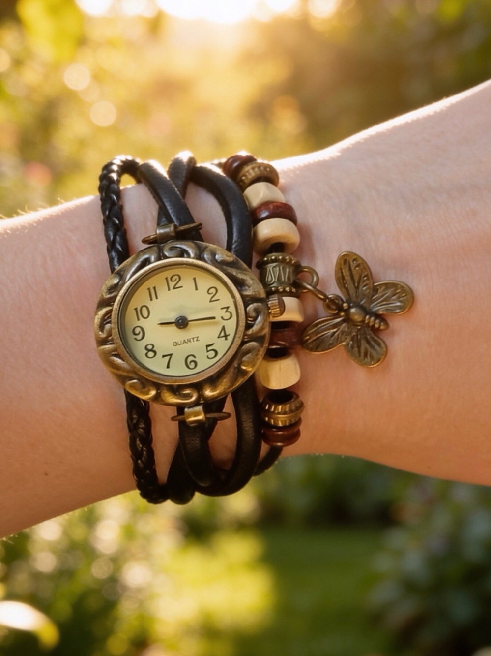 Vintage Leather Butterfly Charm Watch For Women